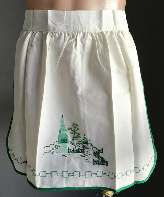 HALF APRON Vintage White & Green Hand Embroidered Oriental Asian Size 8 10