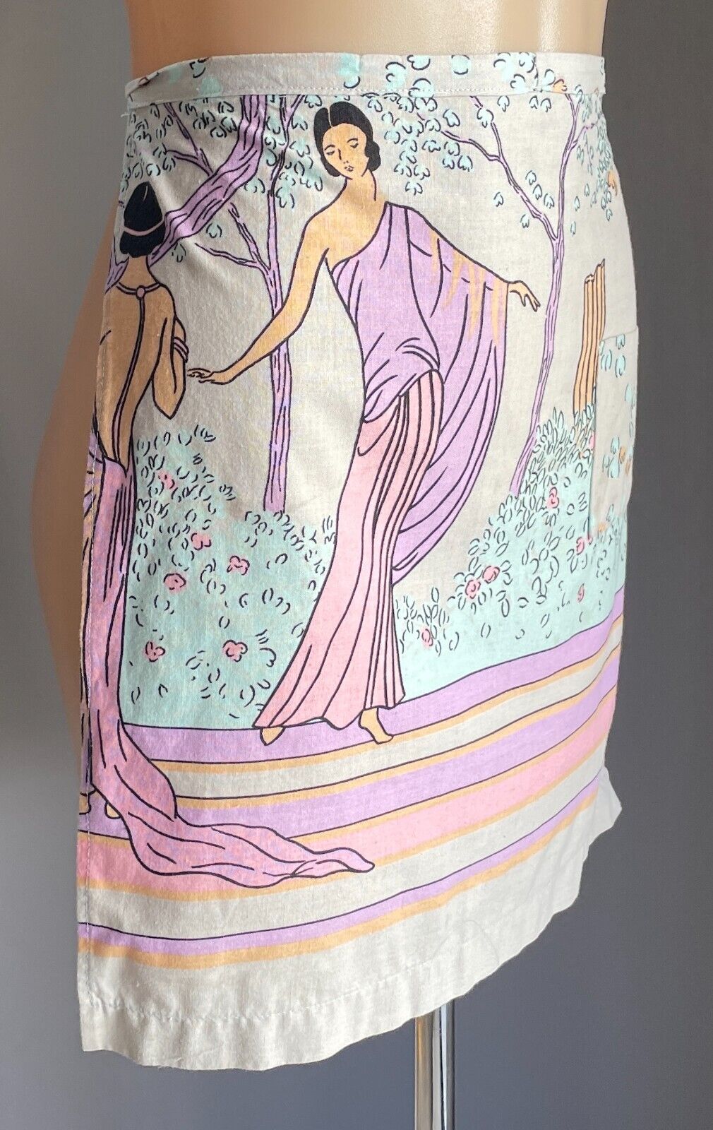 HALF APRON Vintage Handmade Pastel Colours Greek Goddess Print Waist Tie Sz 8 10