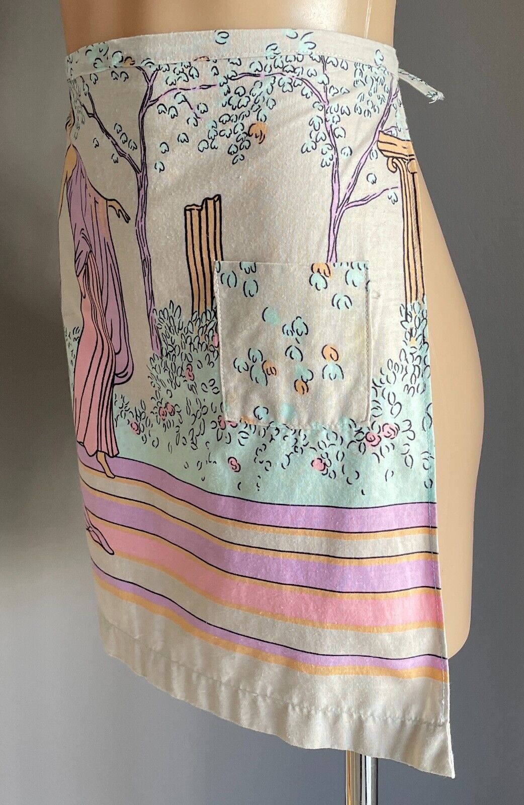 HALF APRON Vintage Handmade Pastel Colours Greek Goddess Print Waist Tie Sz 8 10