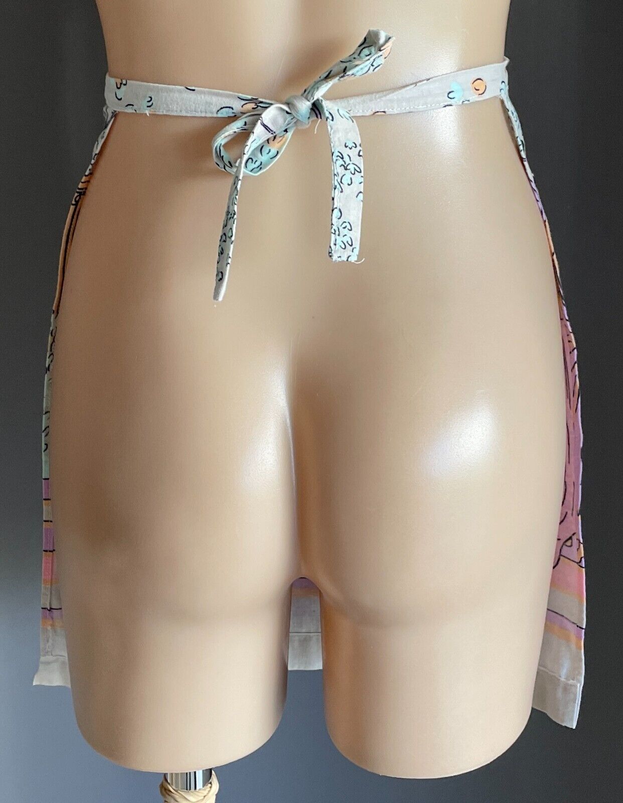HALF APRON Vintage Handmade Pastel Colours Greek Goddess Print Waist Tie Sz 8 10