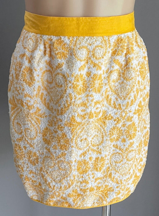 HALF APRON Vintage 1970's Yellow White Print Terry Towelling Sz 10  Cottagecore