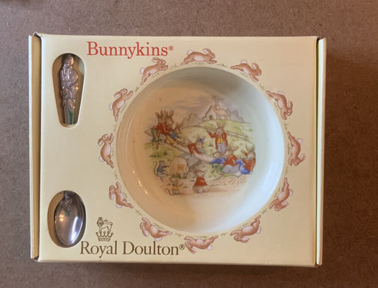 ROYAL DOULTON BUNNYKINS  Nursery Set Baby Plate & Spoon Box See Saw 1988 NEW