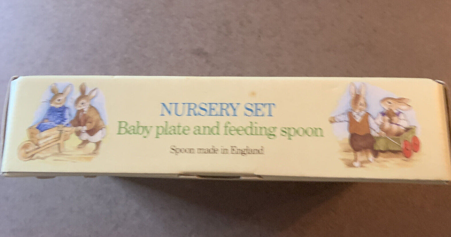 ROYAL DOULTON BUNNYKINS  Nursery Set Baby Plate & Spoon Box See Saw 1988 NEW