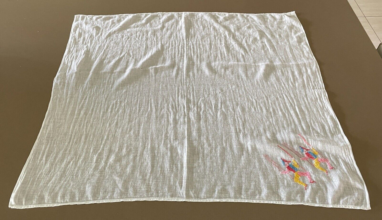 BABY WRAP White Muslin Hand Embroidered Marionette Clown Motif 93 x 86cm Vintage
