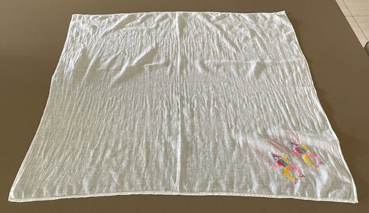 BABY WRAP White Muslin Hand Embroidered Marionette Clown Motif 93 x 86cm Vintage