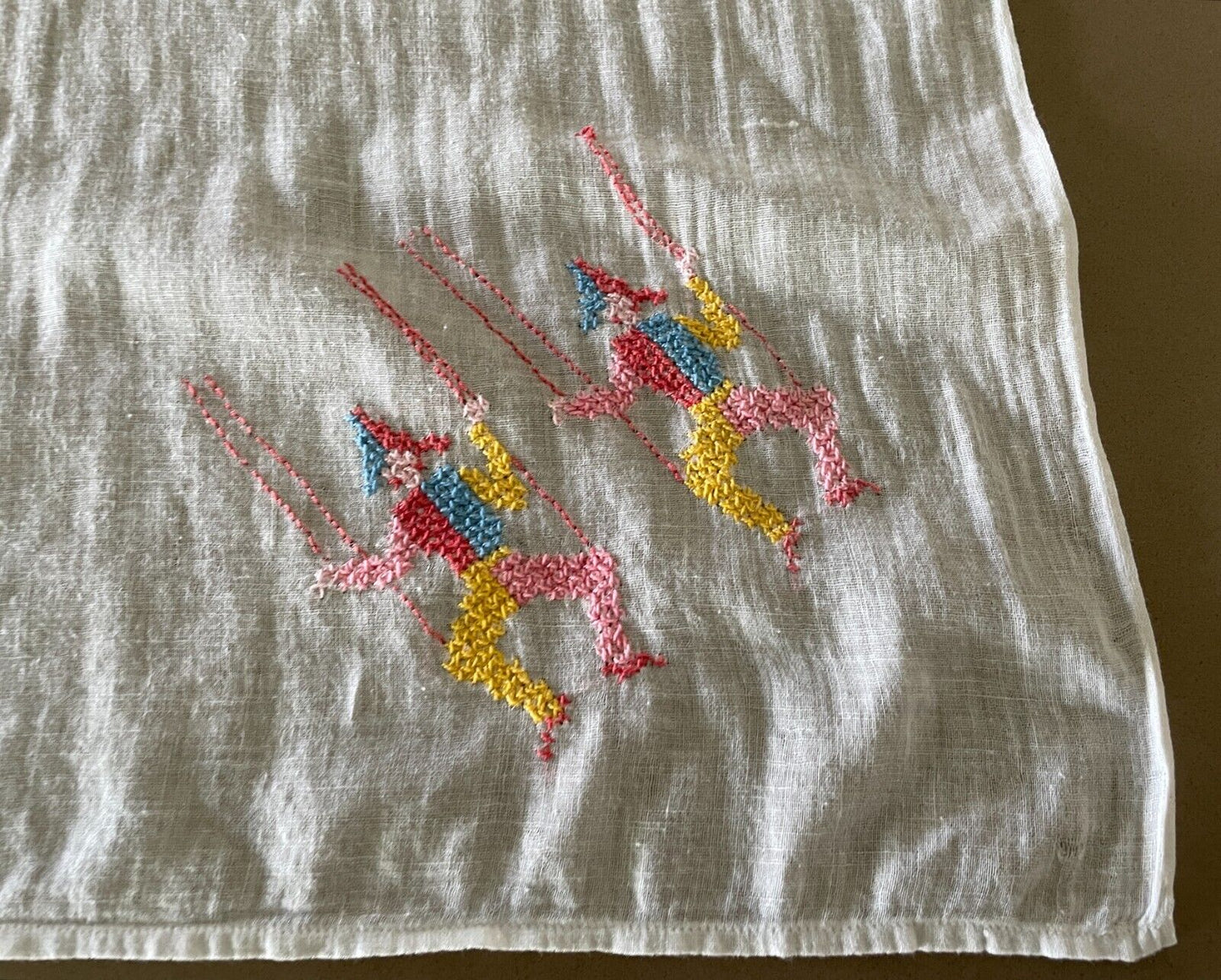 BABY WRAP White Muslin Hand Embroidered Marionette Clown Motif 93 x 86cm Vintage