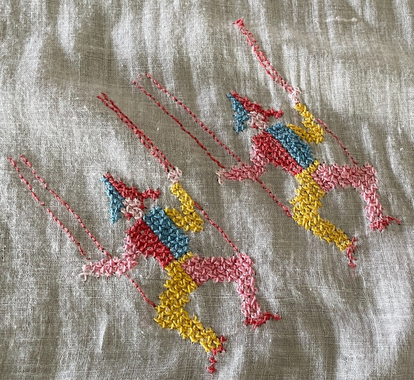 BABY WRAP White Muslin Hand Embroidered Marionette Clown Motif 93 x 86cm Vintage