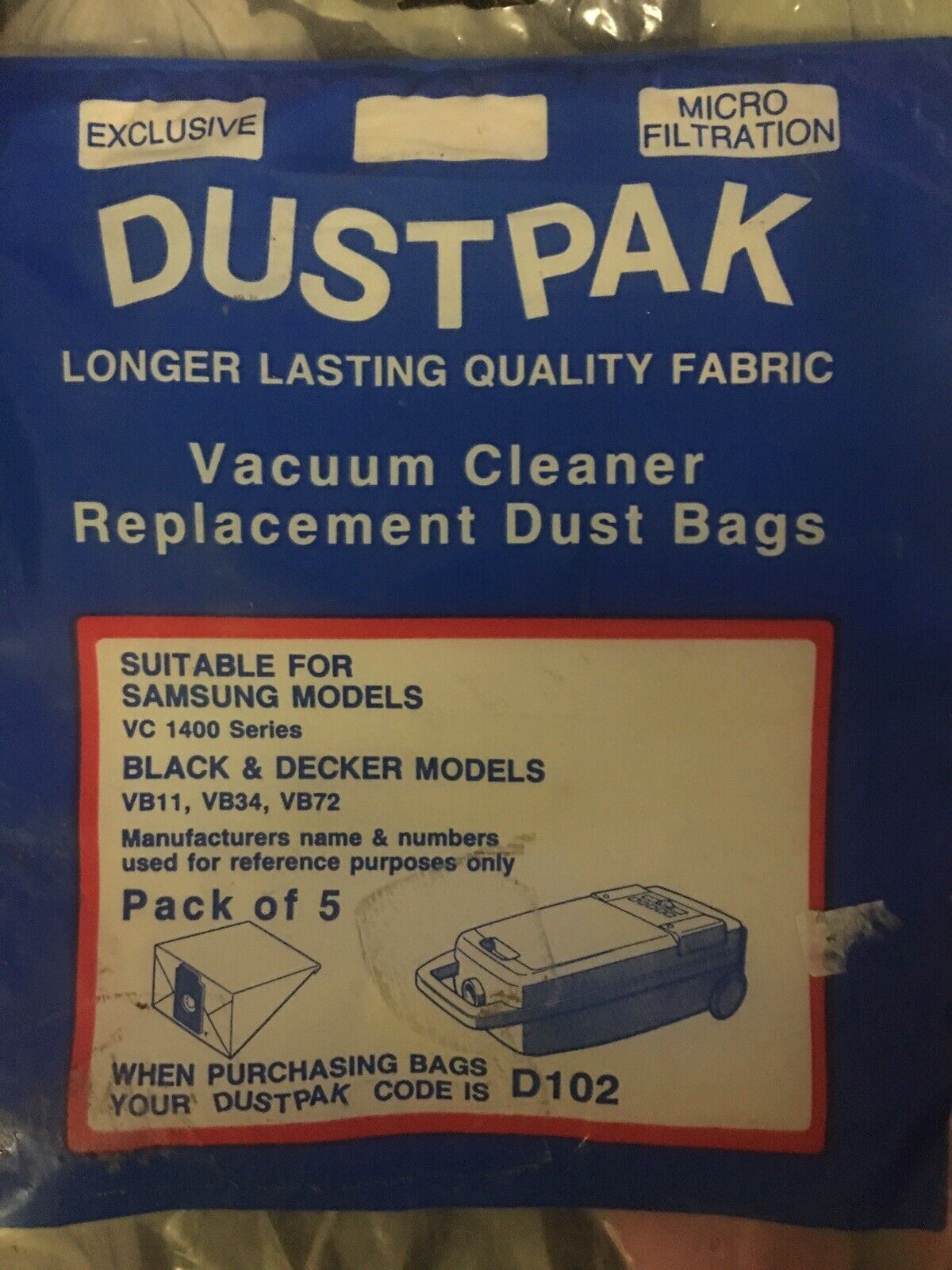 5 Pk Samsung VC1400 Black & Decker VB11 VB34 VB72 Vacuum Cleaner Paper Dust Bag
