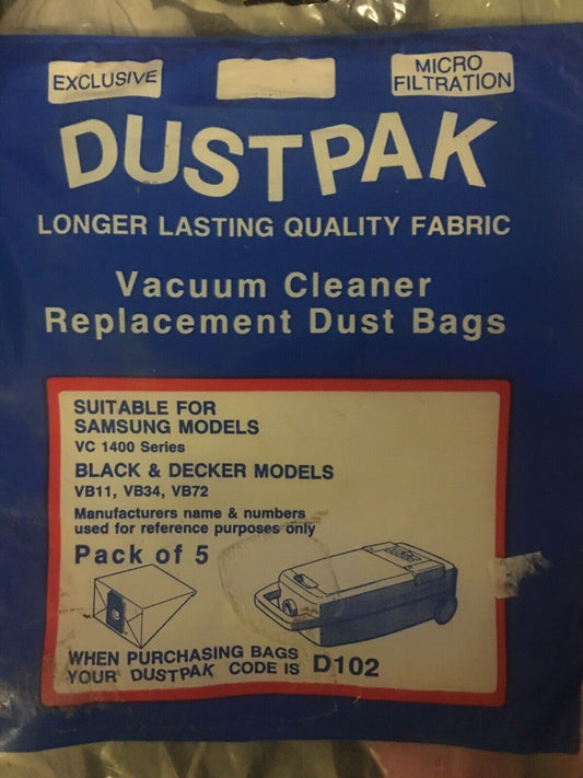 5 Pk Samsung VC1400 Black & Decker VB11 VB34 VB72 Vacuum Cleaner Paper Dust Bag