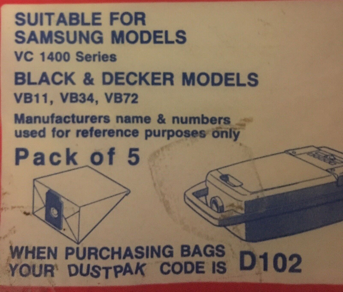 5 Pk Samsung VC1400 Black & Decker VB11 VB34 VB72 Vacuum Cleaner Paper Dust Bag