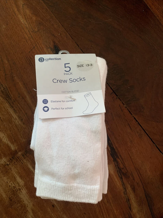 New B COLLECTION 5 Pack White CREW SOCKS Kids Size 13-3 School Cotton Blend