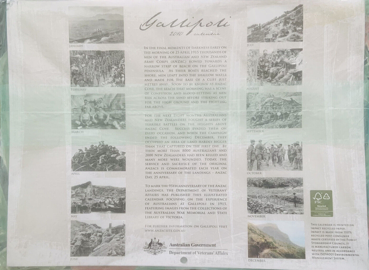2010 Wall Calendar GALLIPOLI Australian Govt Department  Of War Veterans NEW