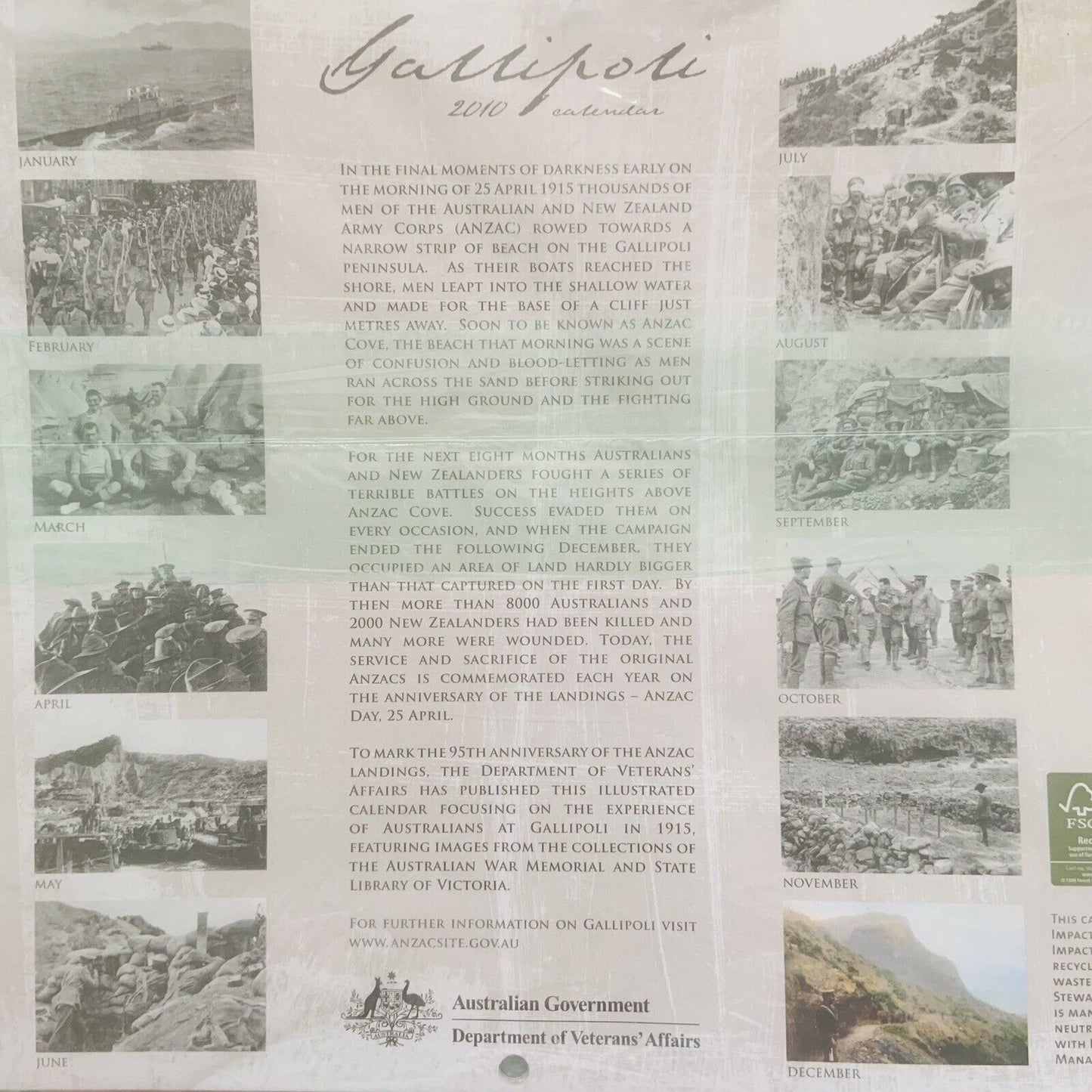 2010 Wall Calendar GALLIPOLI Australian Govt Department  Of War Veterans NEW