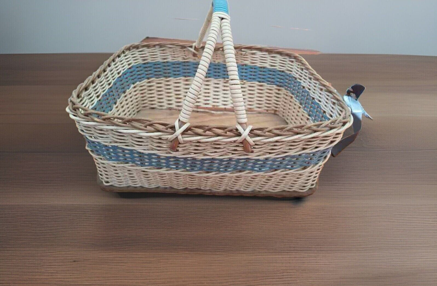 Blue White Wicker Market Basket Vintage Rectangular w Handle