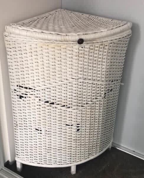 Vintage Corner Laundry Basket Split Cane bamboo hamper storage standing Lid