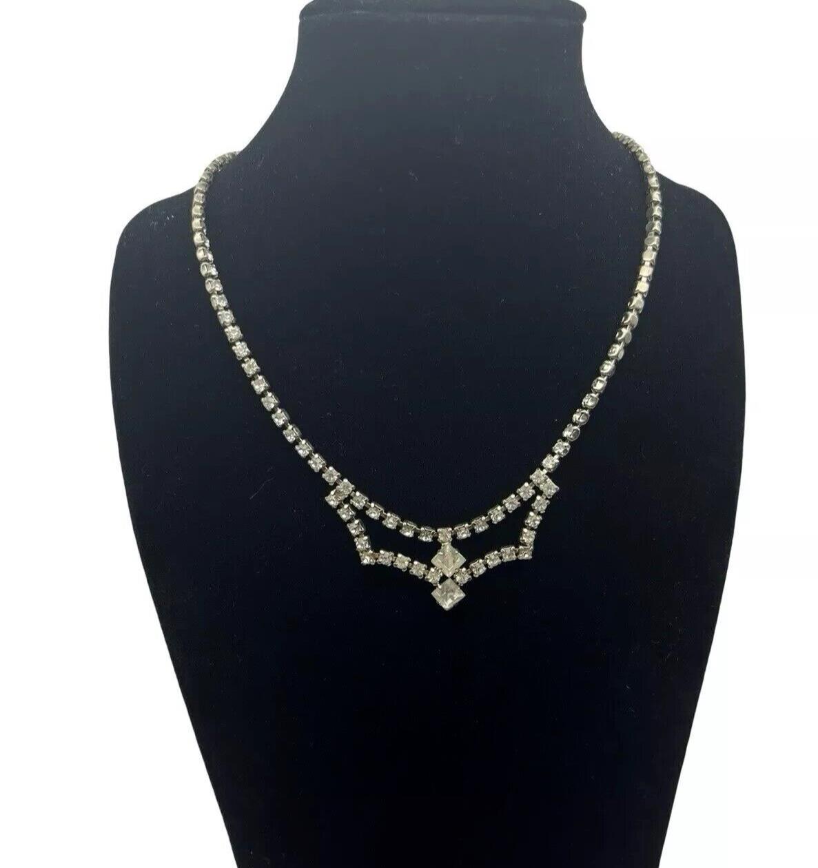 Vintage Necklace Art Deco Style Clear Rhinestone Crystal Drop Choker Statement