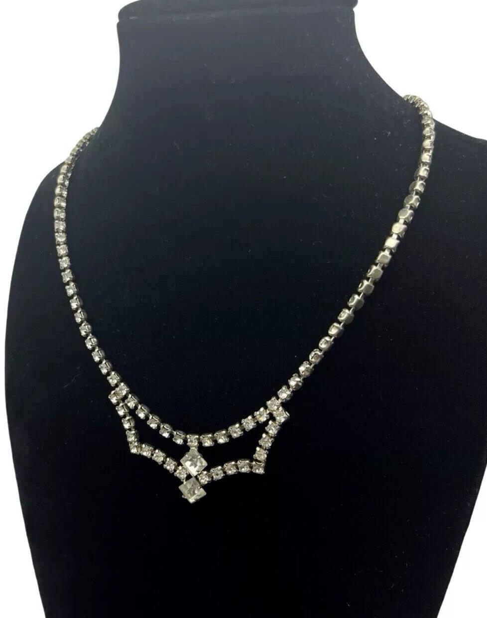 Vintage Necklace Art Deco Style Clear Rhinestone Crystal Drop Choker Statement