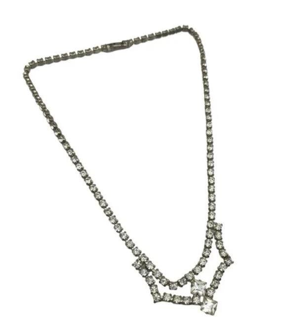Vintage Necklace Art Deco Style Clear Rhinestone Crystal Drop Choker Statement