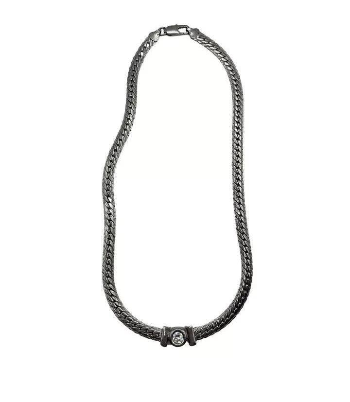 Stainless Steel Chunky Snake Chain Necklace 19cm Cubic Zirconia Stone Centre
