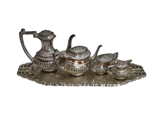 Miniature Tea Set 5 pce Serving Tray Metal Queen Anne Style Vintage England 12cm