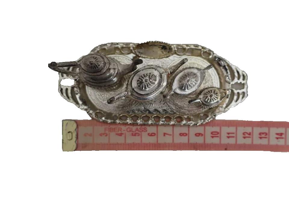 Miniature Tea Set 5 pce Serving Tray Metal Queen Anne Style Vintage England 12cm