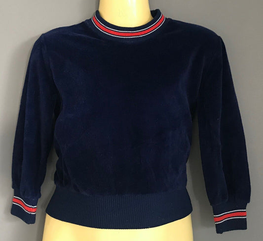 1970s Size 2 VICENZA Jumper Navy Blue Velour Red & White Rib Trim Long Sleeve