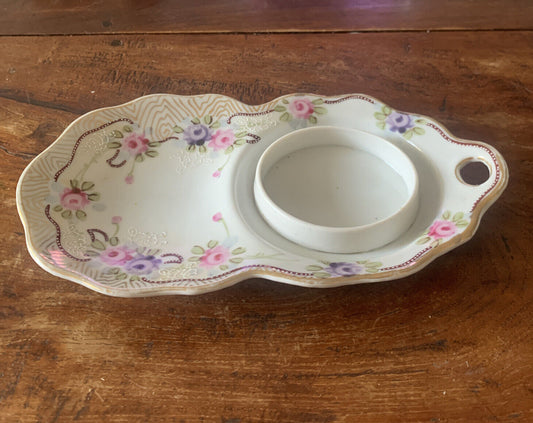 Vintage CANDLE HOLDER Ceramic Floral Gilded  6.5cm Pillar Side Plate w Handle