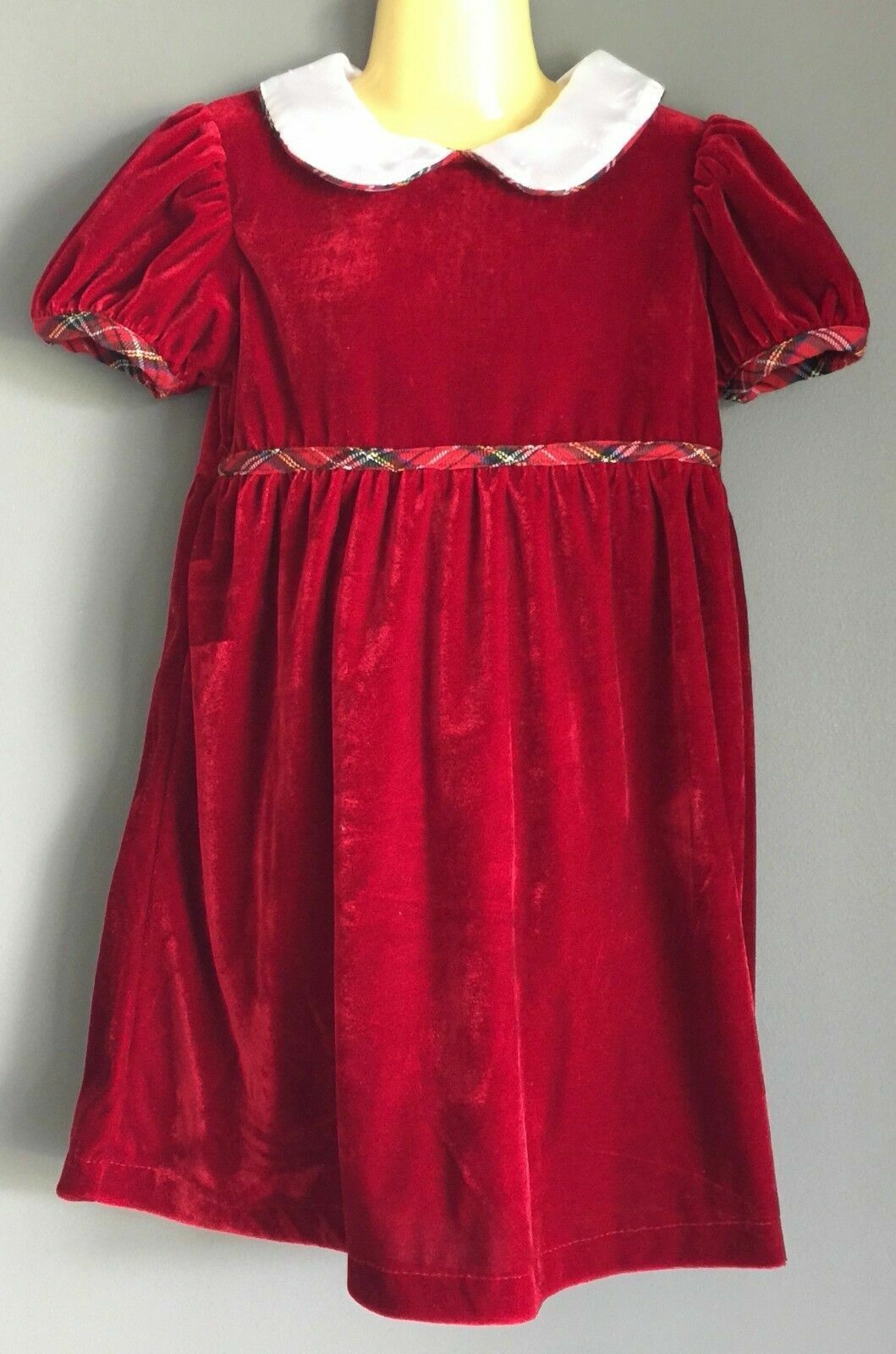 LONGROAL Dress Deep Red Velour Tartan w Peter Pan Collar Size 4 Vintage Girls