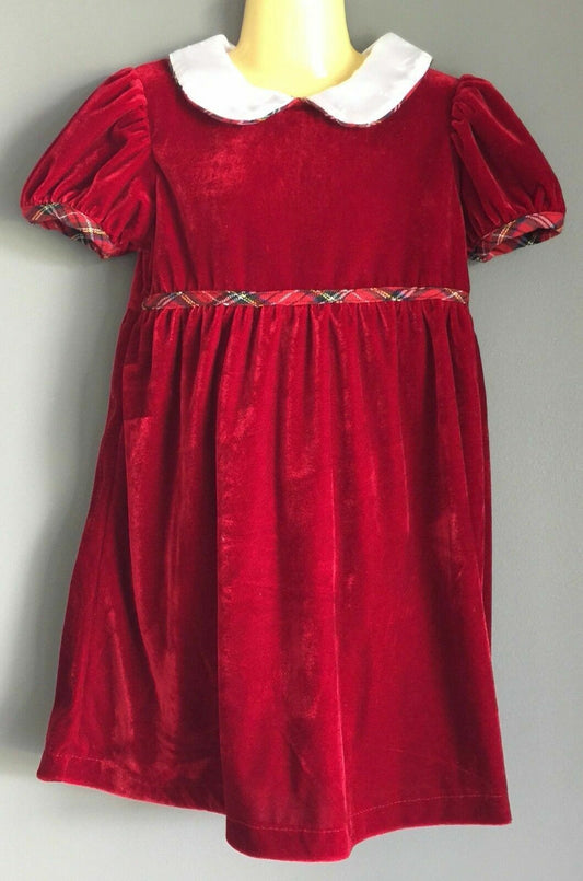 LONGROAL Dress Deep Red Velour Tartan w Peter Pan Collar Size 4 Vintage Girls