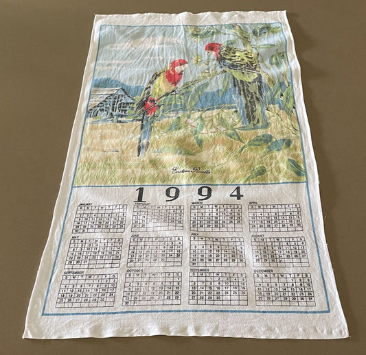 Vintage 1994 Tea Towel Eastern Rosella Country Scene Print Calendar Year