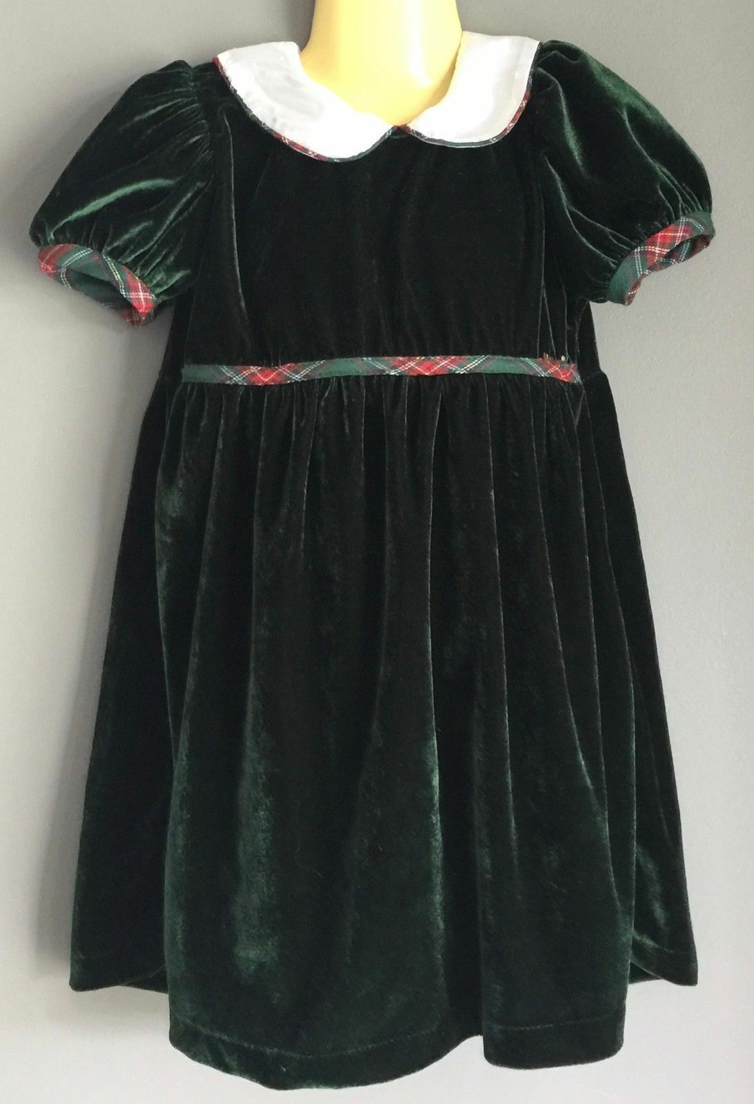LONGROAL Dress Green Velour Tartan w Peter Pan Collar Girls Size 3 Vintage