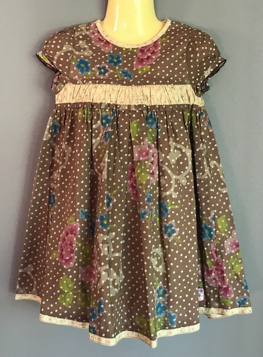 CONFETTI ABSORBA Cotton Dress Brown Floral & Polka Dot Baby Girls Size 2 NEW