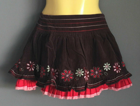 PUMPKIN PATCH Skirt Brown Corduroy Embroidered Waist & Hem Skirt Girls Size 4