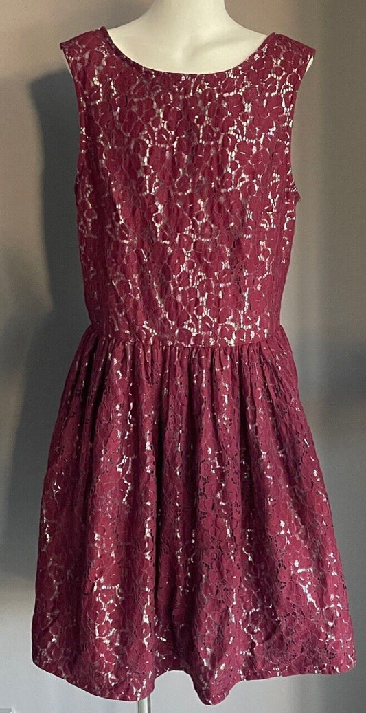 M&S Kids 13 - 14 yrs Teen Skater Dress Burgundy Lace Silver Lined Sleeveless