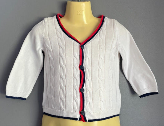 H&M Cardigan White Cotton Knit Size 00 Red Blue Stripe Trim 4 Button Front