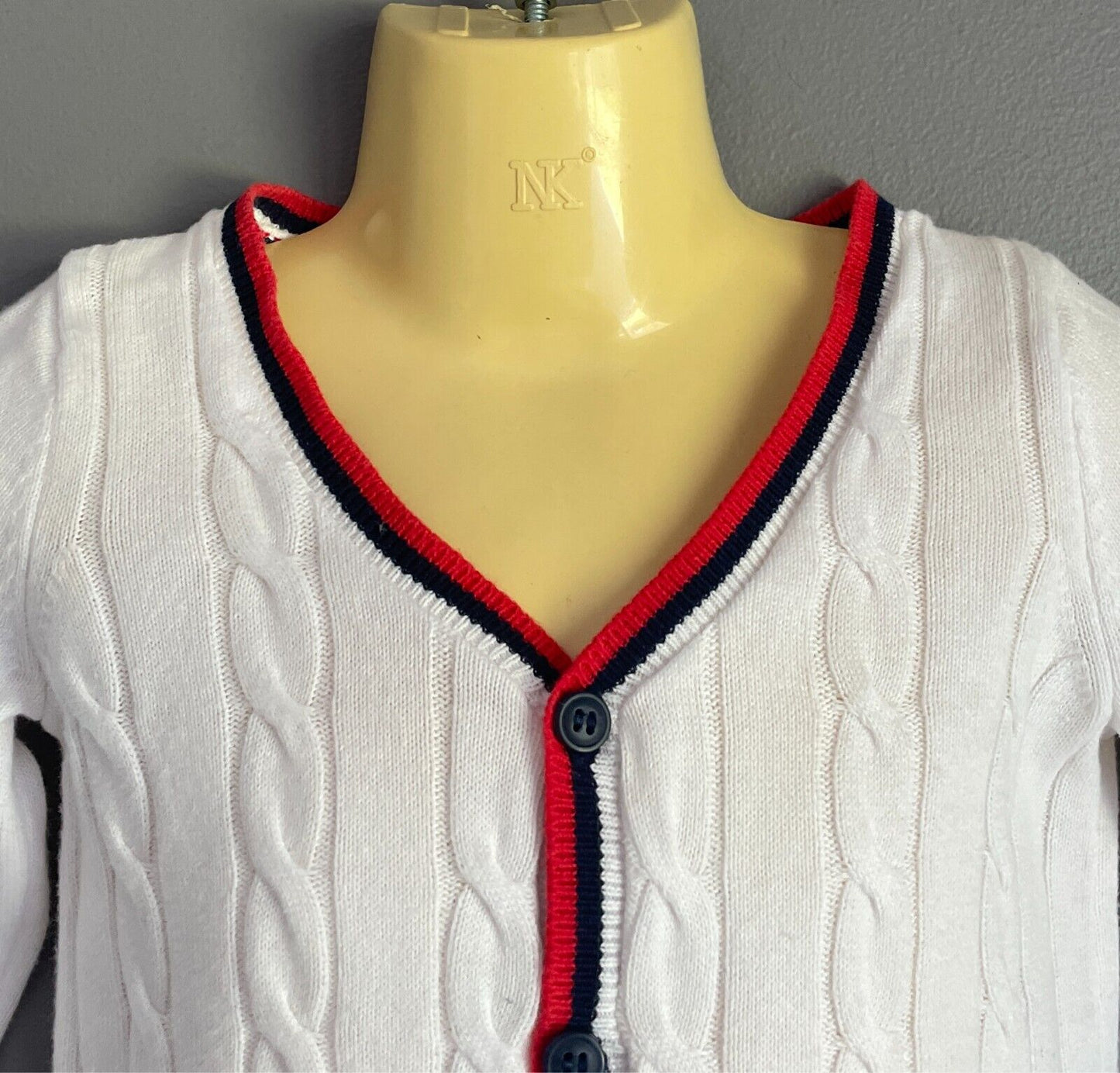 H&M Cardigan White Cotton Knit Size 00 Red Blue Stripe Trim 4 Button Front