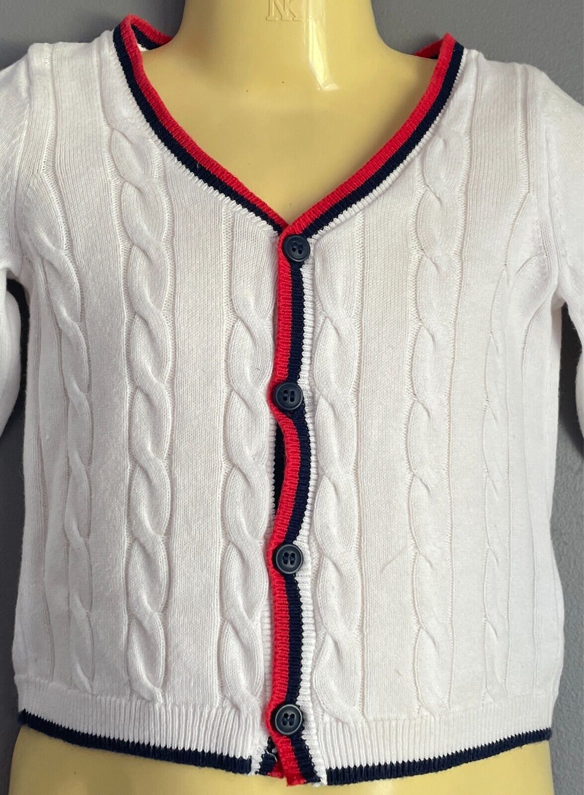 H&M Cardigan White Cotton Knit Size 00 Red Blue Stripe Trim 4 Button Front