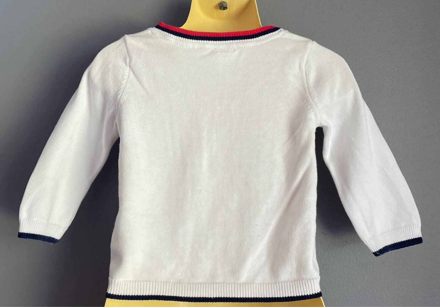 H&M Cardigan White Cotton Knit Size 00 Red Blue Stripe Trim 4 Button Front