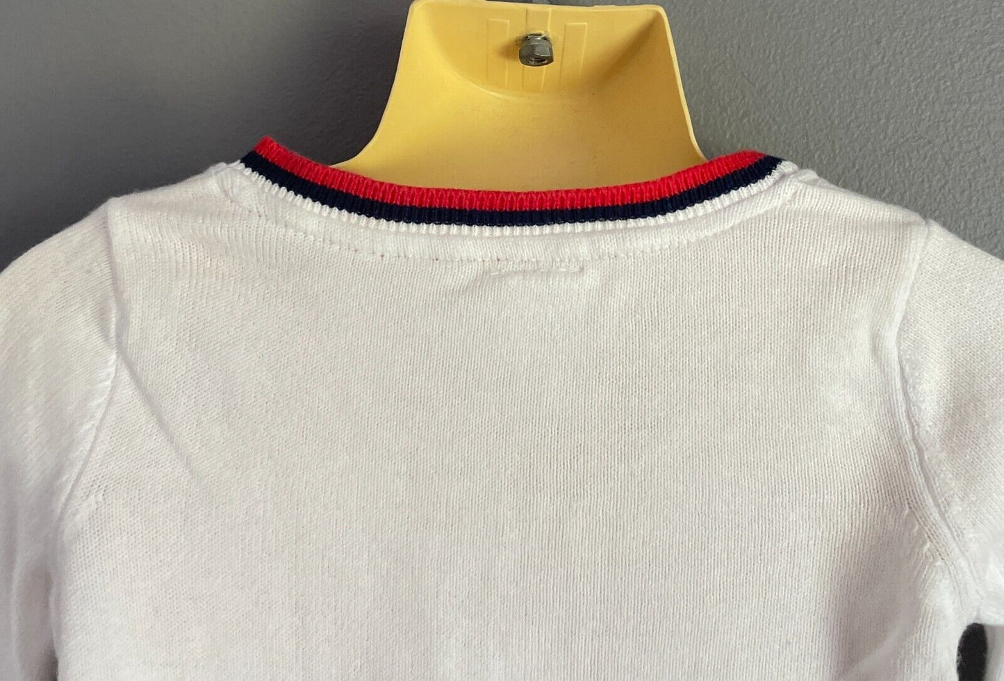 H&M Cardigan White Cotton Knit Size 00 Red Blue Stripe Trim 4 Button Front