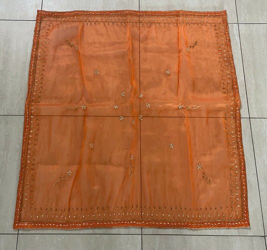 90cm Square Table Cloth Net Orange Organza Gold Embroidered Beaded Stunning NEW