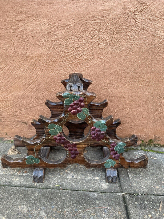 Wooden Wine Rack 53cm Brutalist Rustic Mobile Handmade Nail Vintage Gem 9 Bottle