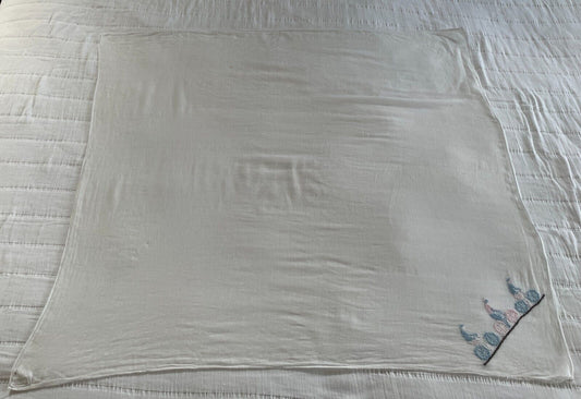 BABY WRAP White Muslin Hand Embroidered Bicycle Riders Motif 95 x 86cm Vintage