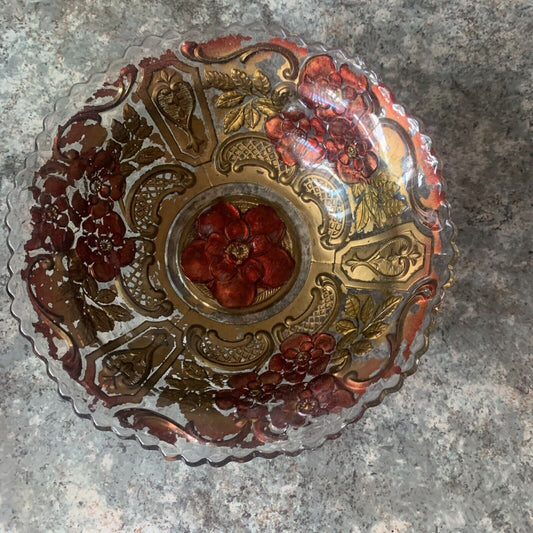 GOOFUS 23cm GLASS BOWL Narcissus Filagree Reverse Painted Red Gold Antique c1918