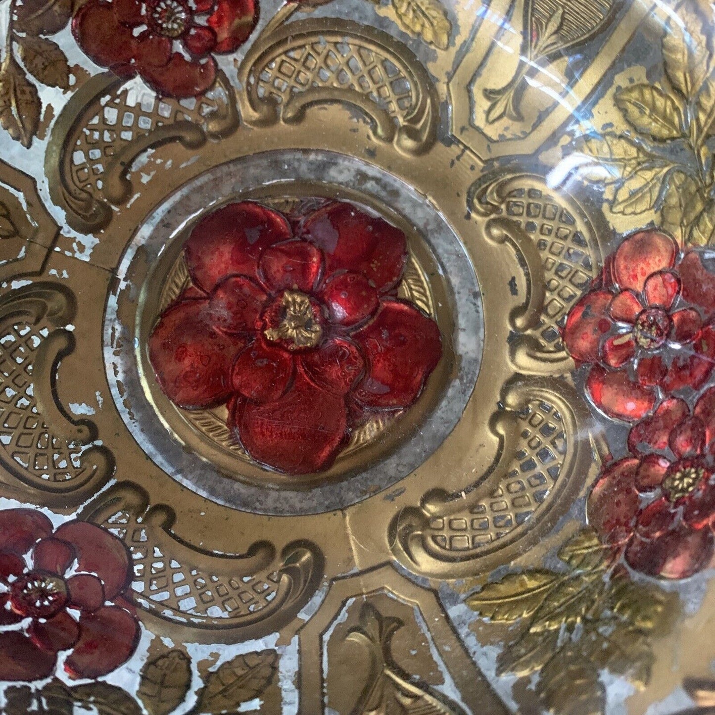 GOOFUS 23cm GLASS BOWL Narcissus Filagree Reverse Painted Red Gold Antique c1918