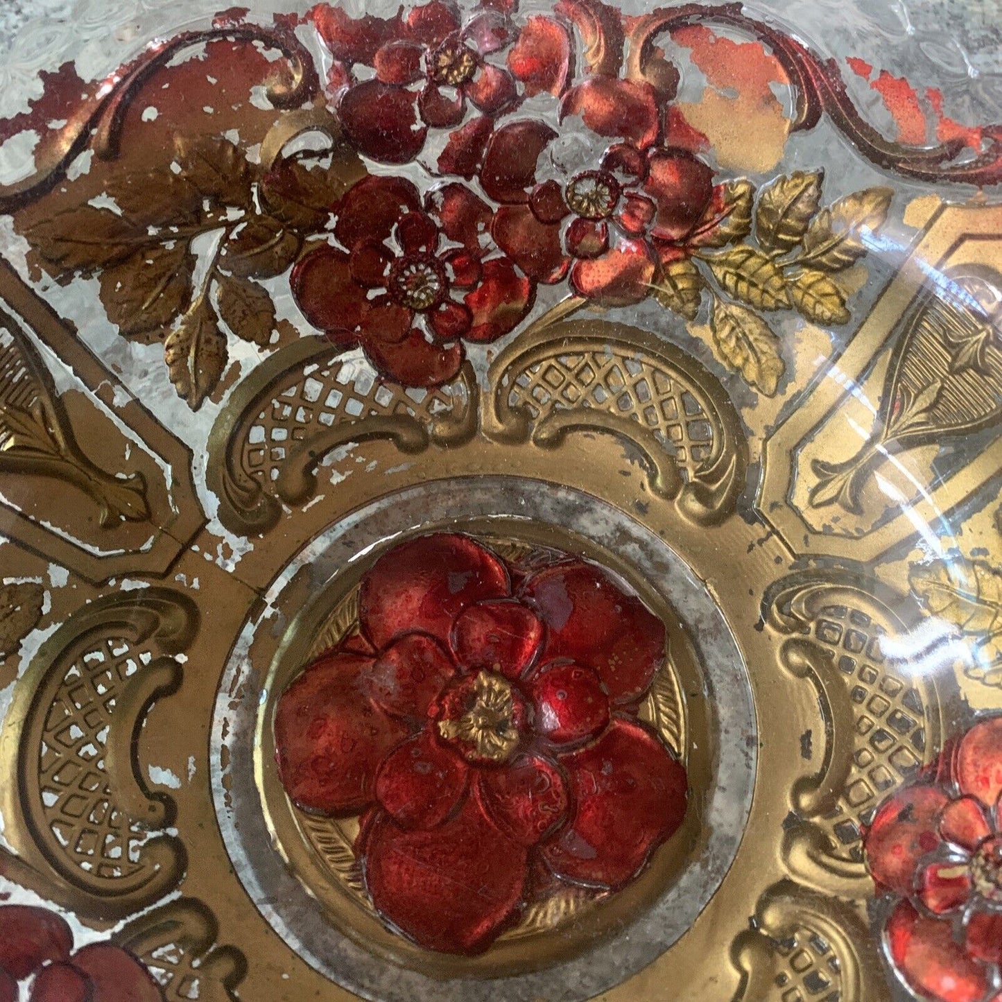 GOOFUS 23cm GLASS BOWL Narcissus Filagree Reverse Painted Red Gold Antique c1918