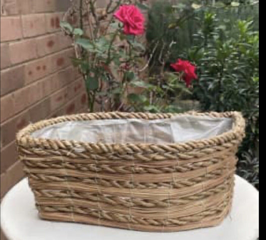 44cm Basket Tear Drop Straw Flower Planter Hamper Plastic Liner AE148 Handwoven