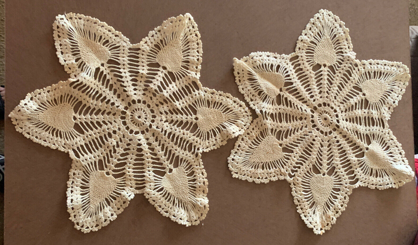 1960’s 2x Doilies Star Flower Beige Ornate Doily 34cm Crochet Tatted Table Mat