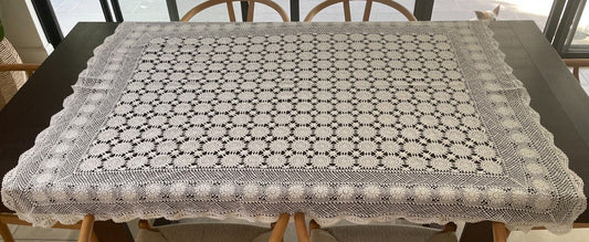 Crochet Lace TABLE CLOTH 1970s White Cotton Rectangle Bedspread 137 x 183cm