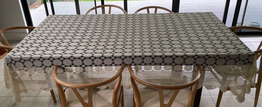 Crochet Lace TABLE CLOTH 1970s Beige Cotton Rectangle Bedspread 250cm x 188cm