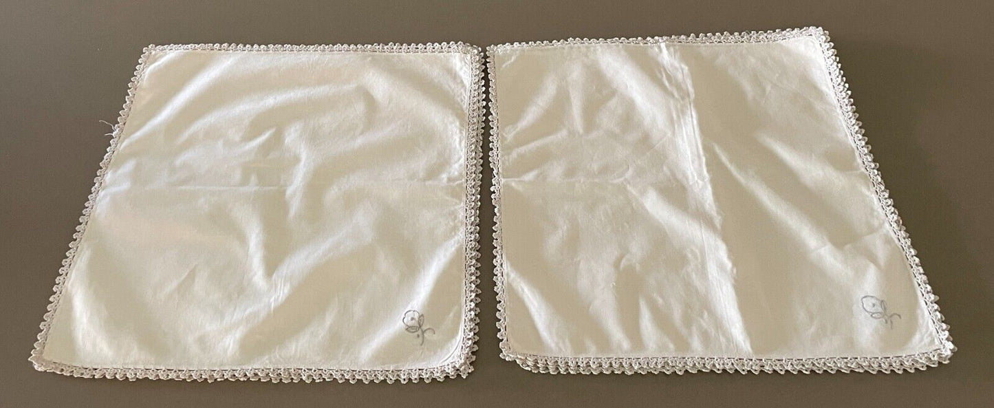 Crochet Edge Vintage NAPKIN Set of 8 Beige Cotton Floral Embroidered 42 x 42cm